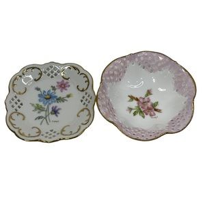 Vintage Porcelain Hand Painted Floral Dish Bowl Cottage Signed Mary J Set of 2